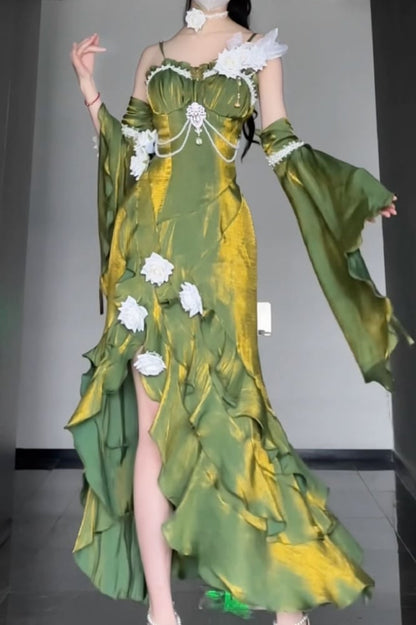 取り外し可能なフリル袖付きグリーンのイブニングドレス、ロゼットマーメイドドレス