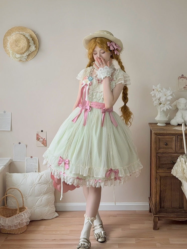 Elegant Version Green Classic Details with Bow Lolita Lace Dress Light and Short
