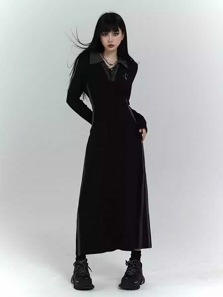 Gothic Black Dress with Lace-up Detail at Front