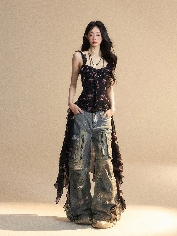 ブラック スウィートハートネックライン ノースリーブ トップス アシンメトリーヘム シフォン フローラル