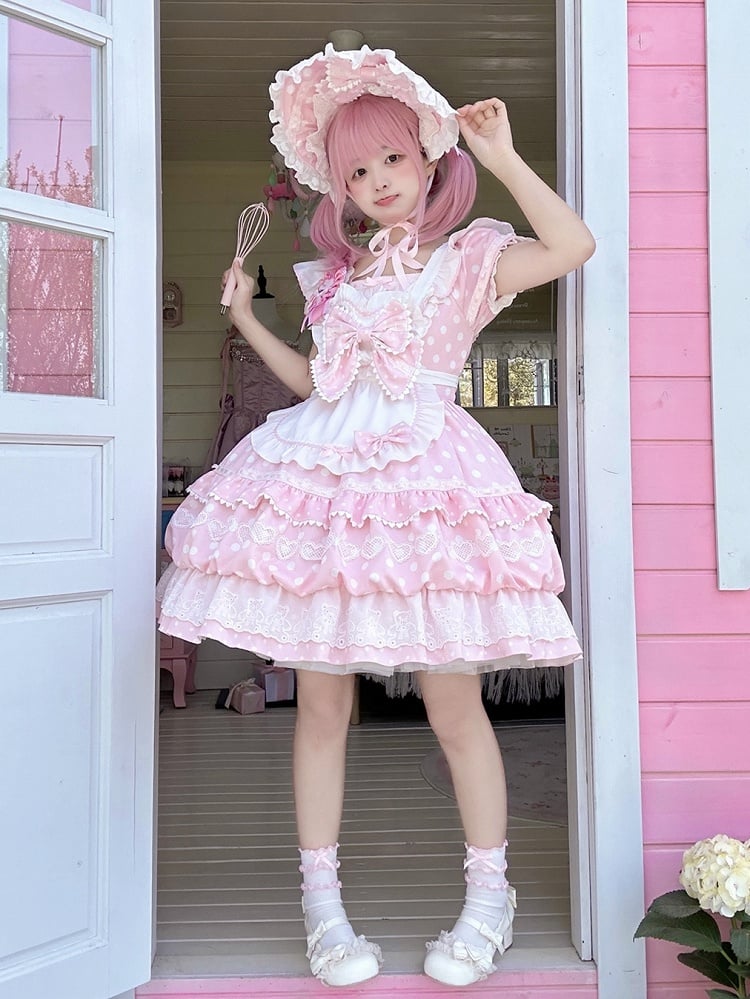 ドットスクエアエプロン ホワイト ショート ポルカ ドレス ロリータ 袖付き ネックライン ピンク