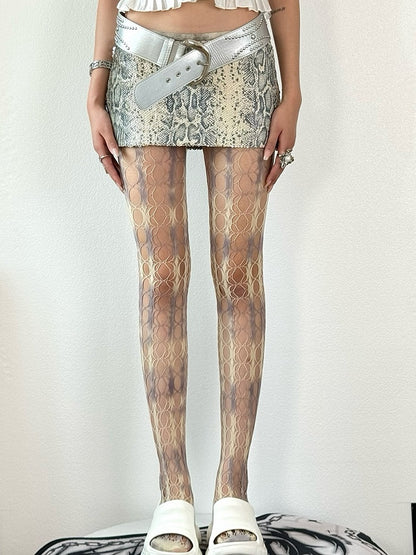 Fashion Hollow-out Tights WhiteGray Details Gyaru Dye Tie