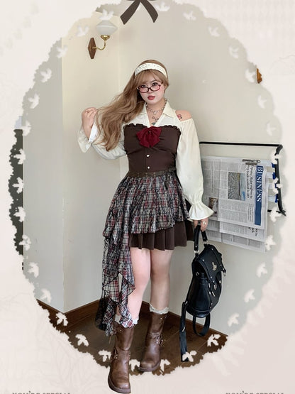 Bishop Dress Pleated Cutout Shoulder and Skirt / Sleeves Plus Size Black Brown with