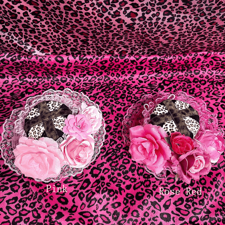 Hime Opulent Ruffled Rose Leopard Print Hat Mini Gyaru Pink/Rose Lace Red Trim with