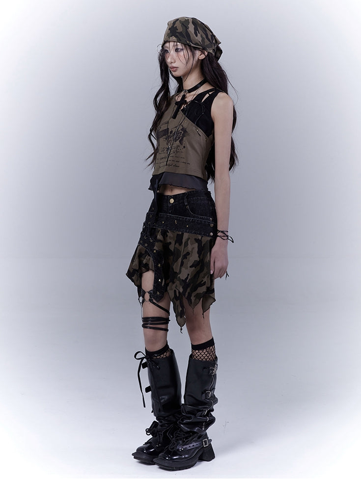 Grünes, geschnürtes Schulter- und asymmetrisches Saum-Tanktop Wasteland Punk Army