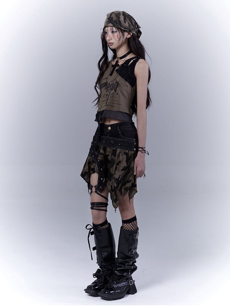 Taillen-Camouflage-Taschentuchsaum, tiefes Detail, Schnürung, Distressed-Denim-Skort