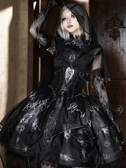 Black & Gray Bone Dragon Embroidery Halter Neck Gothic Lolita Dress Set - Ying Luo Fu