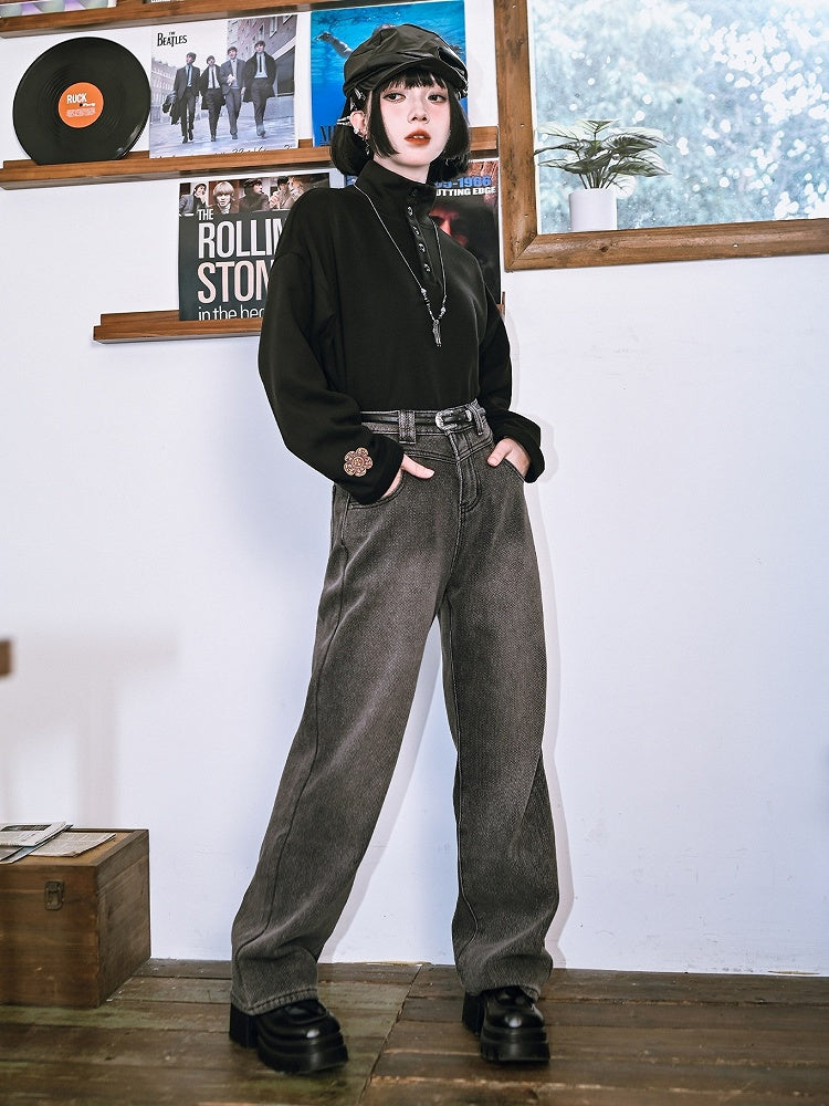 Long Sleeve Partial Placket - Gothic Black Neck Button Top Mock with Design