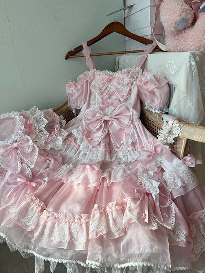 Süßes Lolita-Prinzessinnen-Perlenkleid mit Schleife und auf der Rückseite mit großen rosa Akzenten