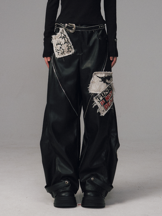 Pants PU Black Rock Studded Punk Zippers Decorative Accents with