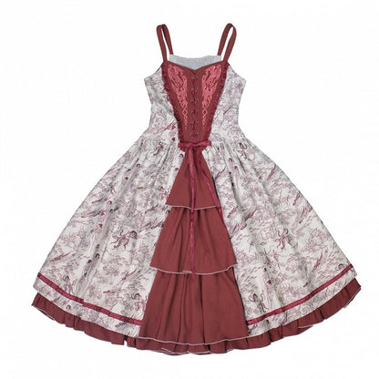 Animals and Bodice Elegant Forest with Corset Print Lolita Dress Red