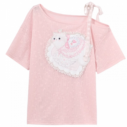Sweet Cat Applique T-Shirt Pink Asymmetrical Neckline