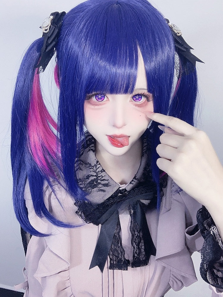 Und Länge Pony Rosa Highlight Mit Perücke 70CM Blau Gerade