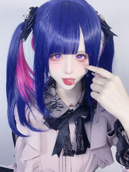 Und Länge Pony Rosa Highlight Mit Perücke 70CM Blau Gerade