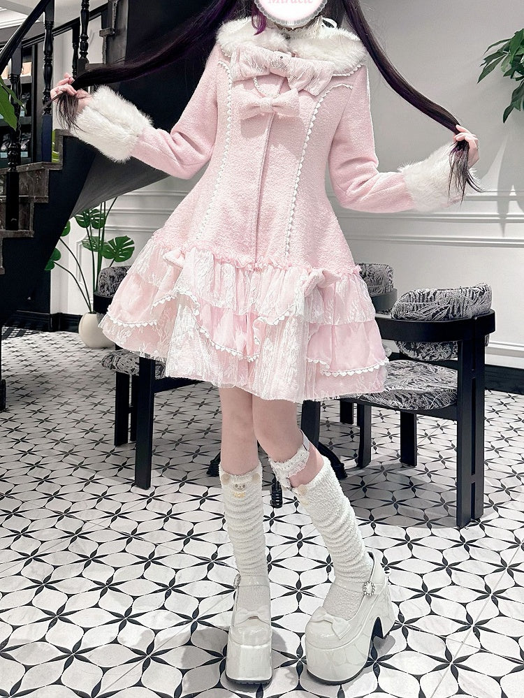 Jirai Kei Pink / Beige Mid-Length Padded Coat with Plush Accents and Sweet Lace Trim