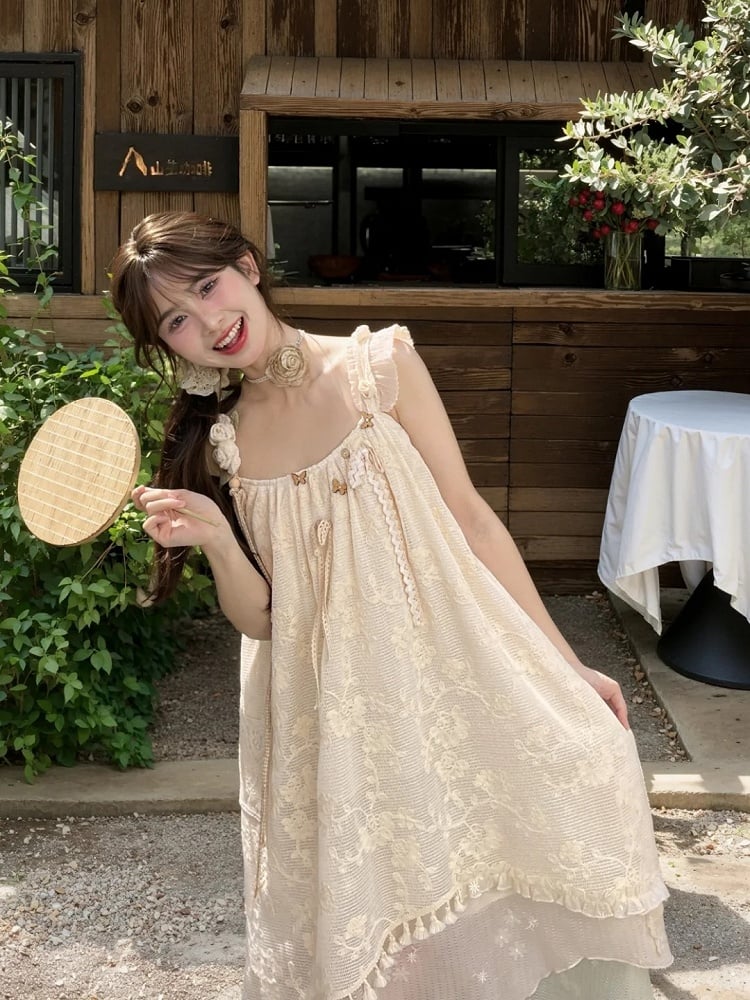 and Butterfly Accents Apricot Jacquard Dress with Tassel Hem Sleeveless Handkerchief Floral Hem