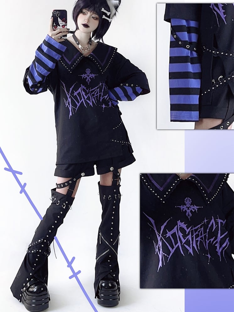 with in Sleeves Purple Pointed Black Top Graphic Contrast Striped White / Sailor Collar