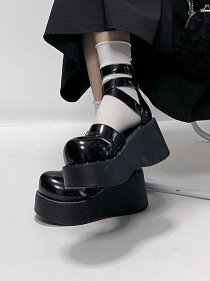 Punk Black Platform Crisscross Shoes Details Design with Studs