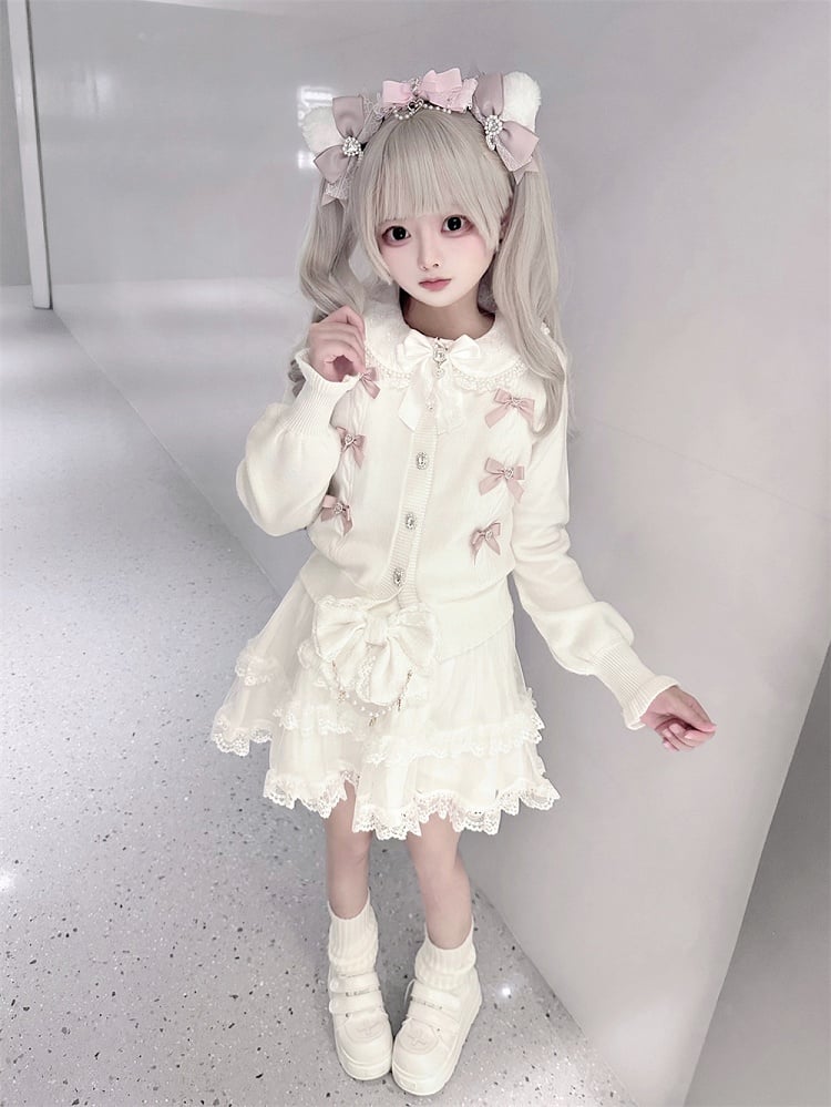 Rhinestone Pink White Jirai Square Button Cardigan with Knit Bows Front Kei