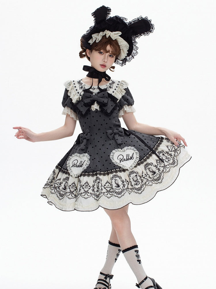 Gray Dot Sweet Lace-Trimmed Pattern Rabbit Dress Appliques with Polka Lolita Sweetheart