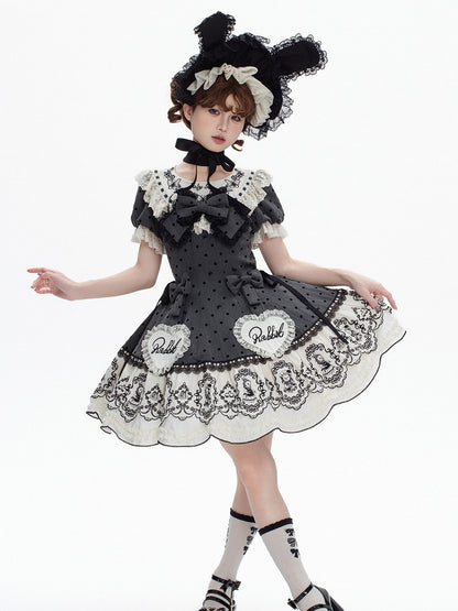 Gray Dot Sweet Lace-Trimmed Pattern Rabbit Dress Appliques with Polka Lolita Sweetheart