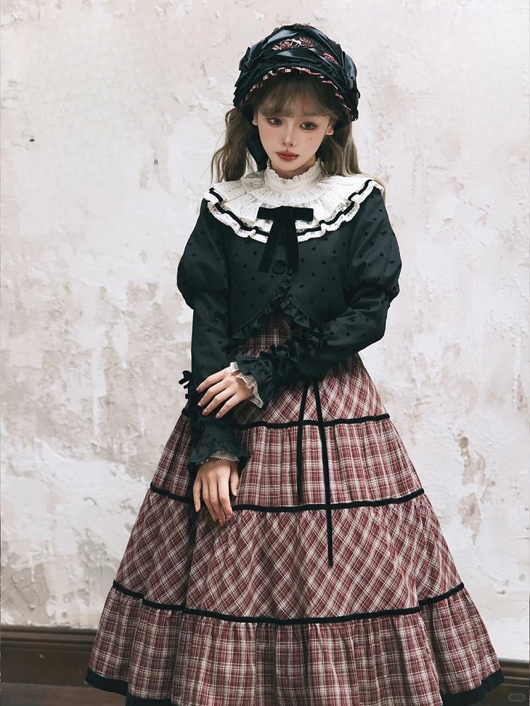 and Coat Ruffled Lolita Polka-dot Black Detail Lace Neckline Bow with White