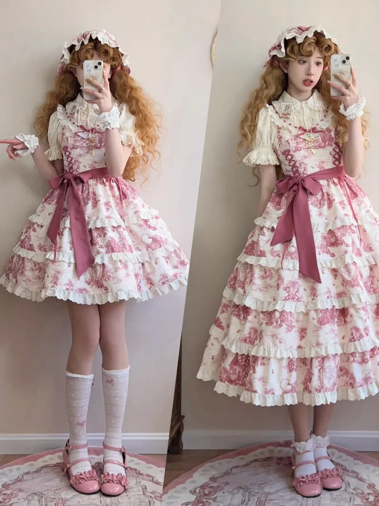 Rosa Lolita-Pullover mit bedrucktem Saum und abnehmbarem Rock in Trauben