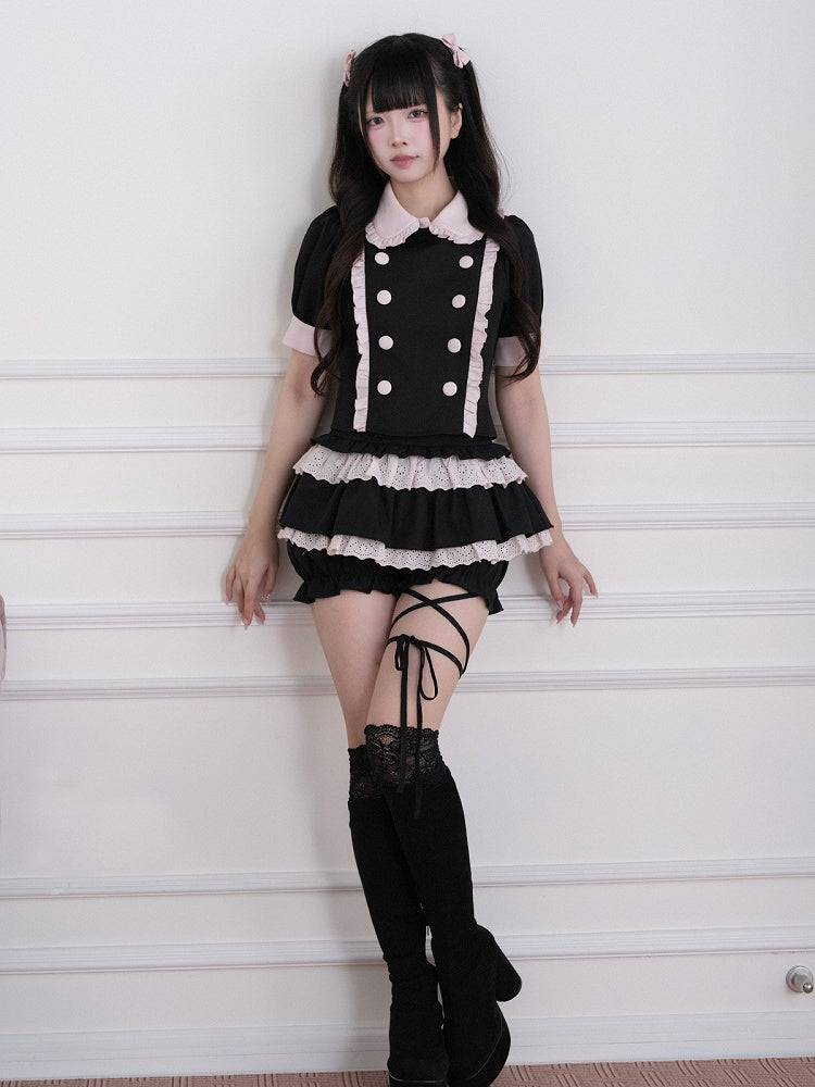 Black Pink Jirai Kei Tiered Lace Skort - No Genki