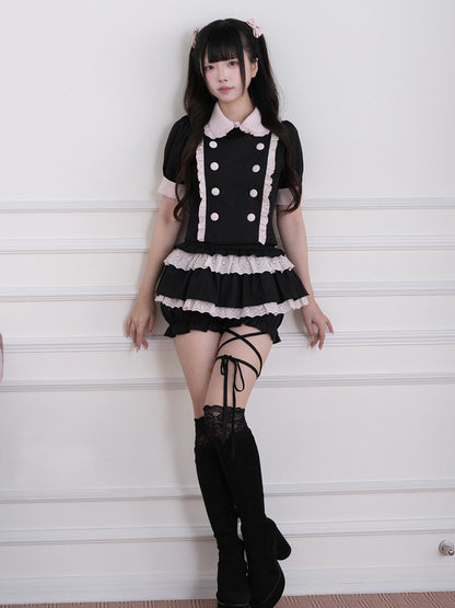 Black Pink Jirai Kei Tiered Lace Skort - No Genki