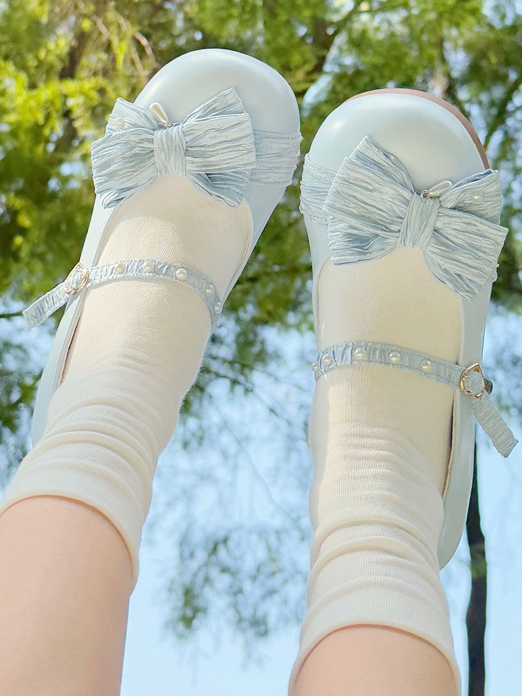Blaue, mit Perlen verzierte Schuhe mit runder Spitze und Schleife und Herz-Licht-Lolita