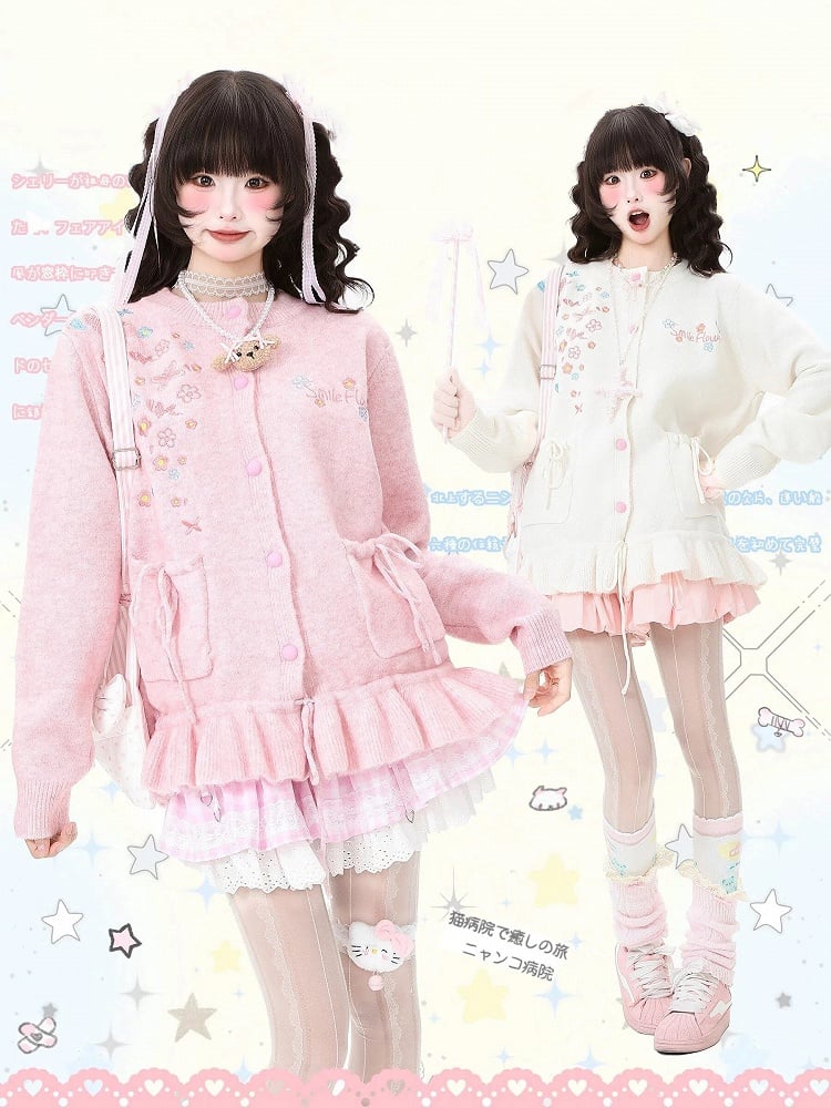 with Daily Cardigan Ruffled Hem Kawaii Pink/Apricot