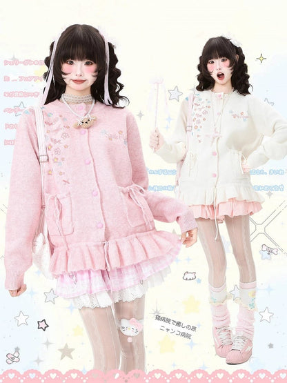 with Daily Cardigan Ruffled Hem Kawaii Pink/Apricot