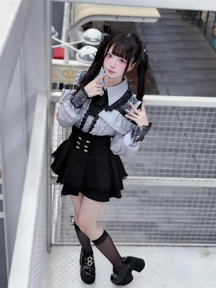 Long Blouse Sleeves Dusty Buttons Blue - Kei Sweetheart Jirai