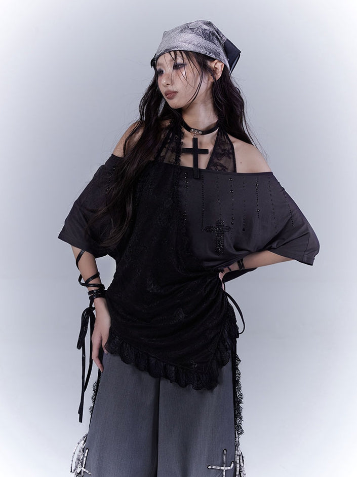 T-Shirt Neckholder Schwarz Kreuz Strass Gebogener Saum