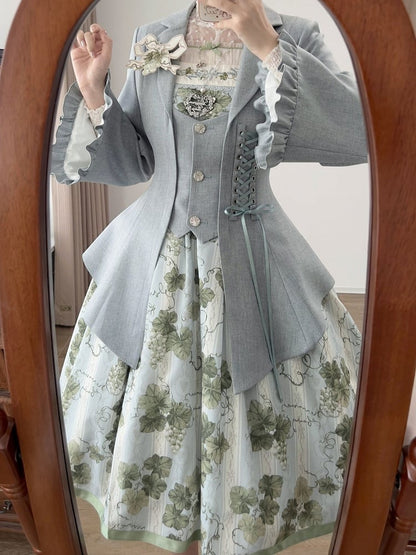 Gray-Blue Retro Elegant Lace-Up Blazer