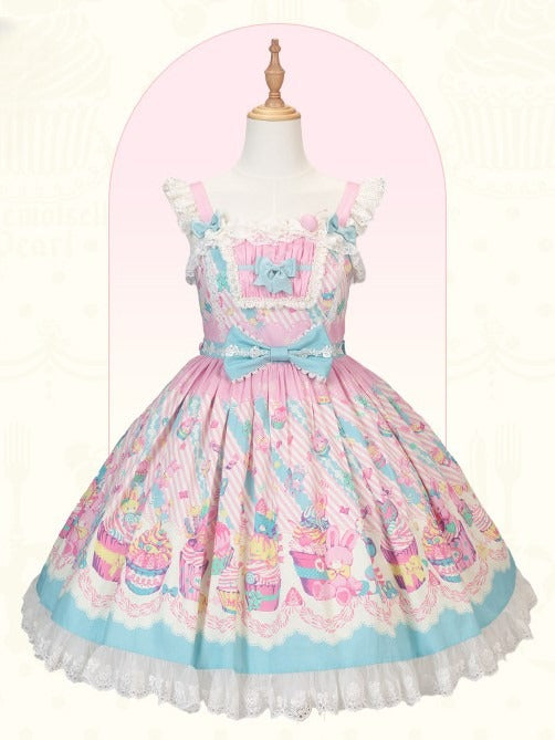 Blue Prints with and Sleeves JSK Trim Dress Flutter Pink Lolita Lace Sweet Cupcake