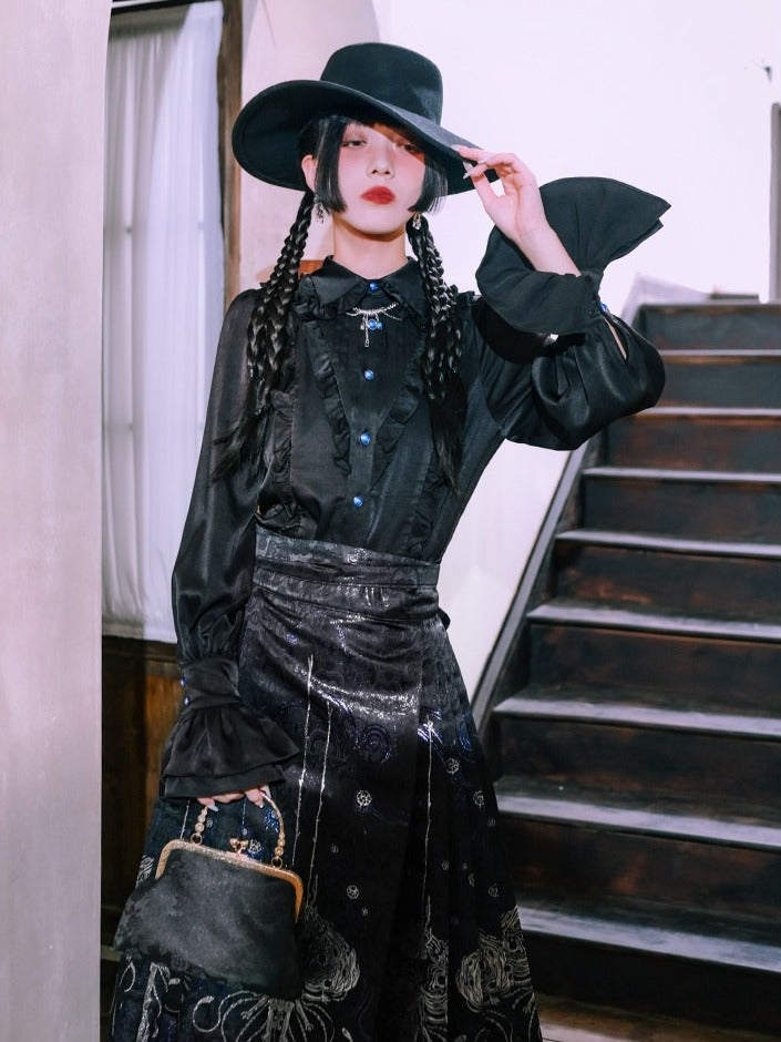 Black Balloon Sleeve Shirt with Ruffle Decoration - Quirky Hut