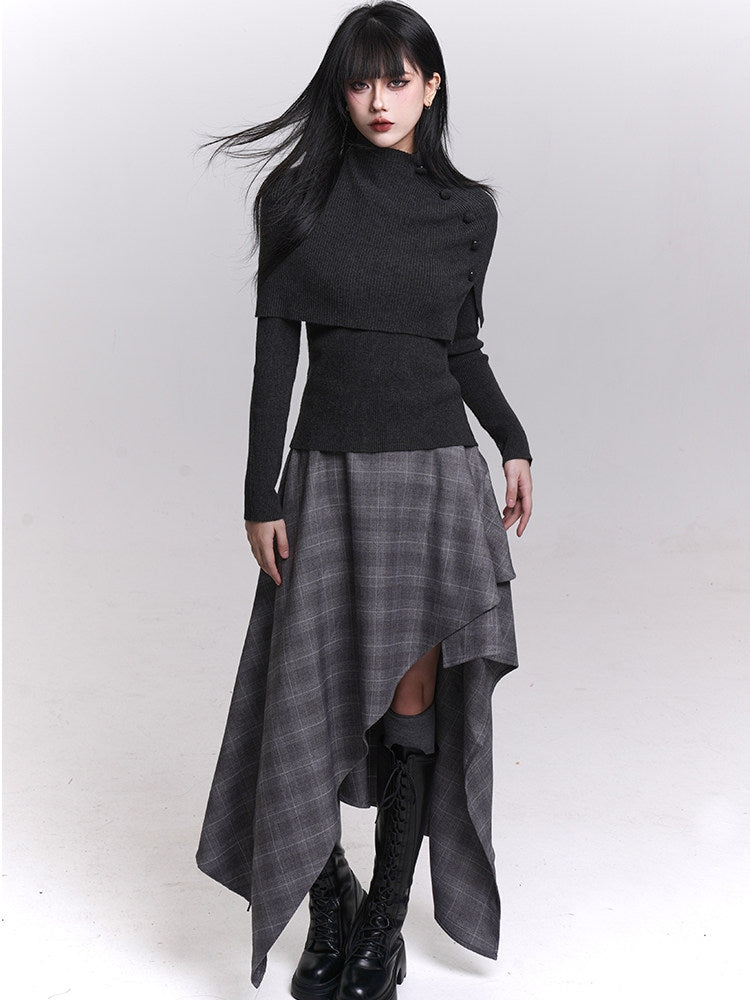 Accents Shawl Set Knit Dark Top Button Gothic Long Gray/Black Sleeves