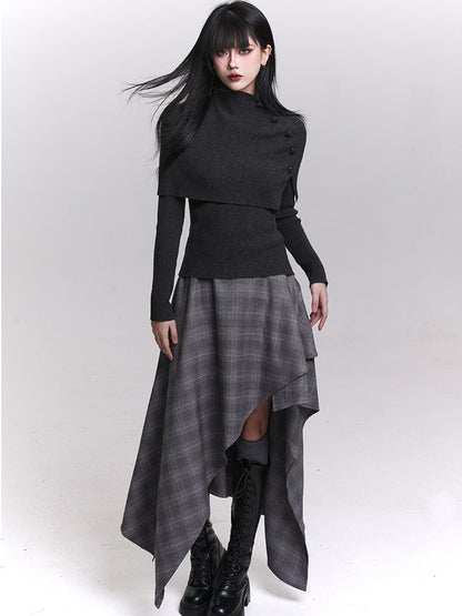 Accents Shawl Set Knit Dark Top Button Gothic Long Gray/Black Sleeves