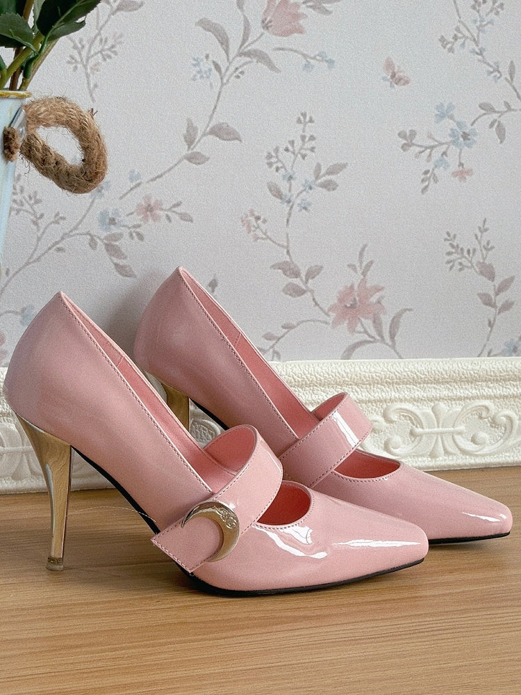 Absätze an der Spitze, hoher Mond, Knöchel, eleganter Klettverschluss, rosa Schnürung + spitze Verschlüsse – Lolita-Akzent