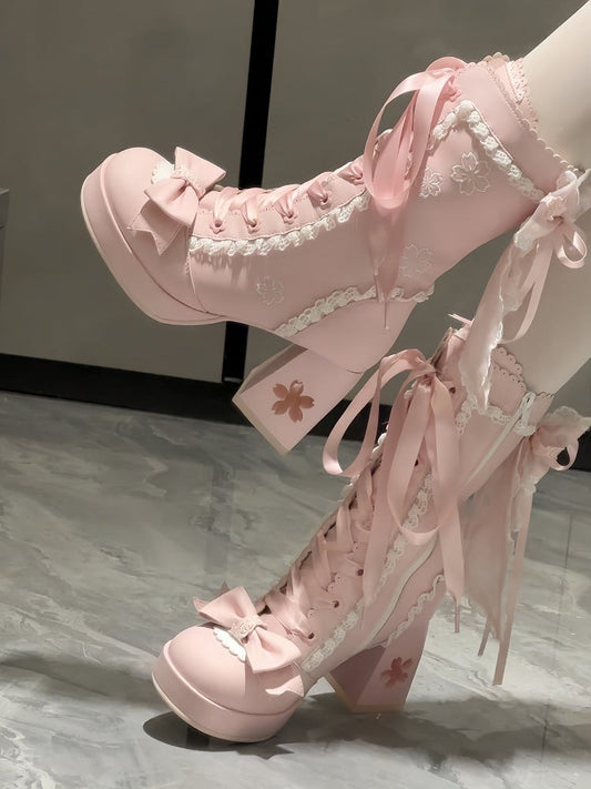 High-heel Embroidery with Lolita Boots Sweet Closure Pink Sakura Dual