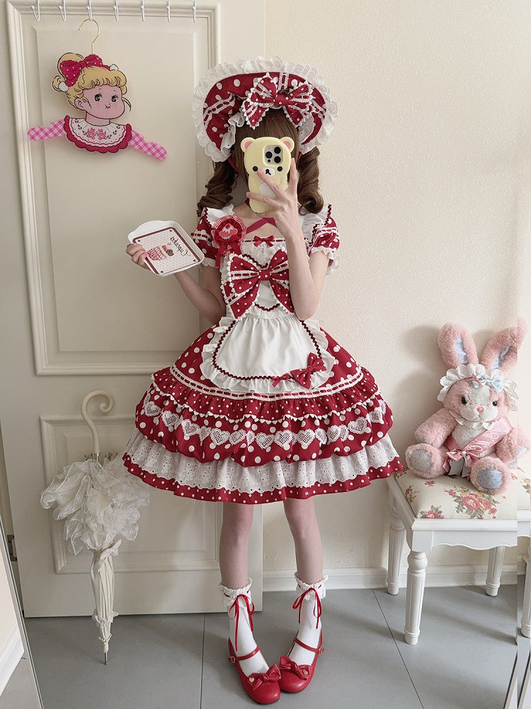 Red Dress Neckline Lolita White Short Polka Apron Sleeves Square Dots with
