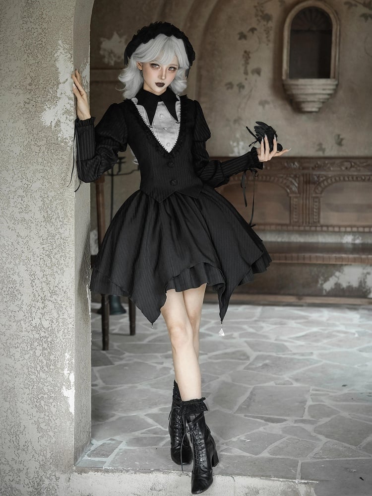 Version Jabot Juliette Tie Skirt Top - Black Full Short + Gothic Apron Set Lolita Sleeves Striped