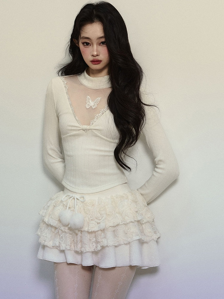 White Illusion Neckline Butterfly Accents Slim-Fit Long-Sleeve Top