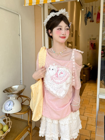 Sweet Cat Applique T-Shirt Pink Asymmetrical Neckline