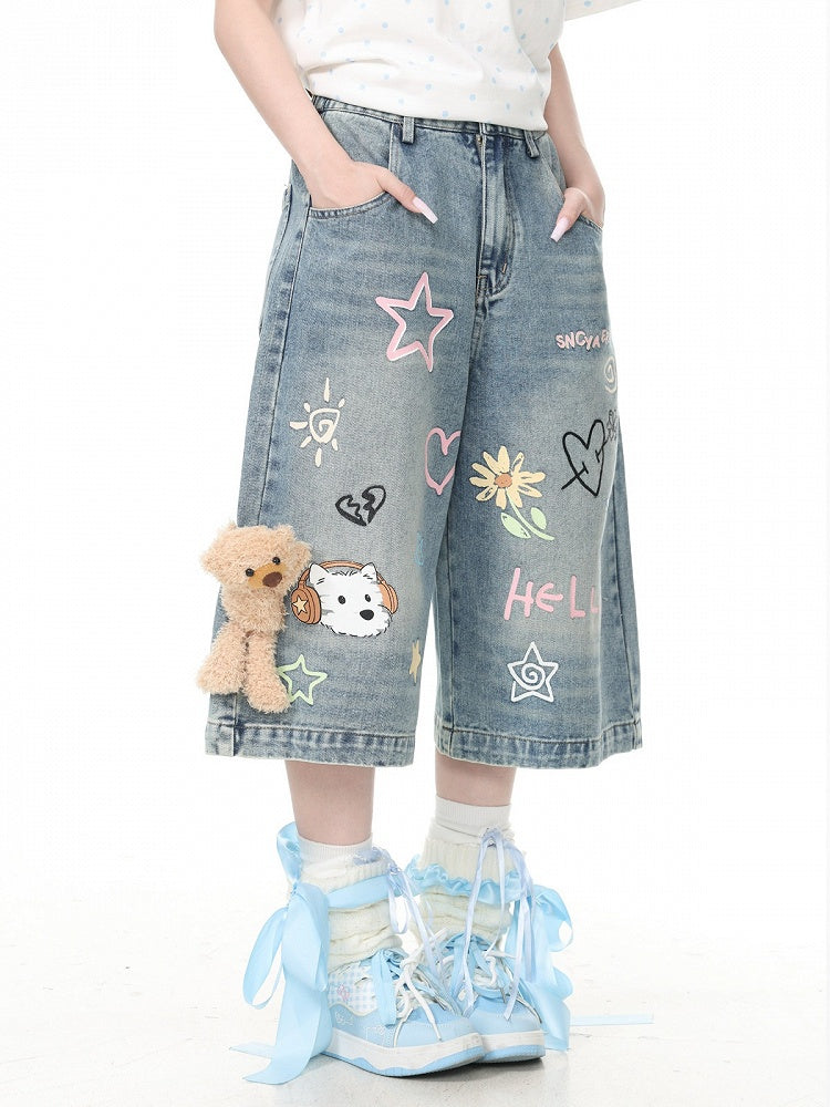 Blue Cropped Denim Jeans with Teddy and Graffiti - Languid Park