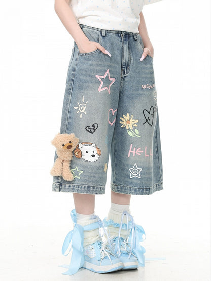 Blue Cropped Denim Jeans with Teddy and Graffiti - Languid Park