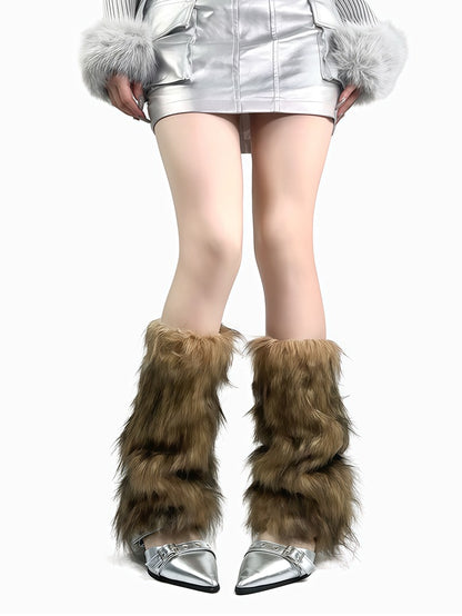 ホワイト/ブラウン Y2K シャギーレッグウォーマー