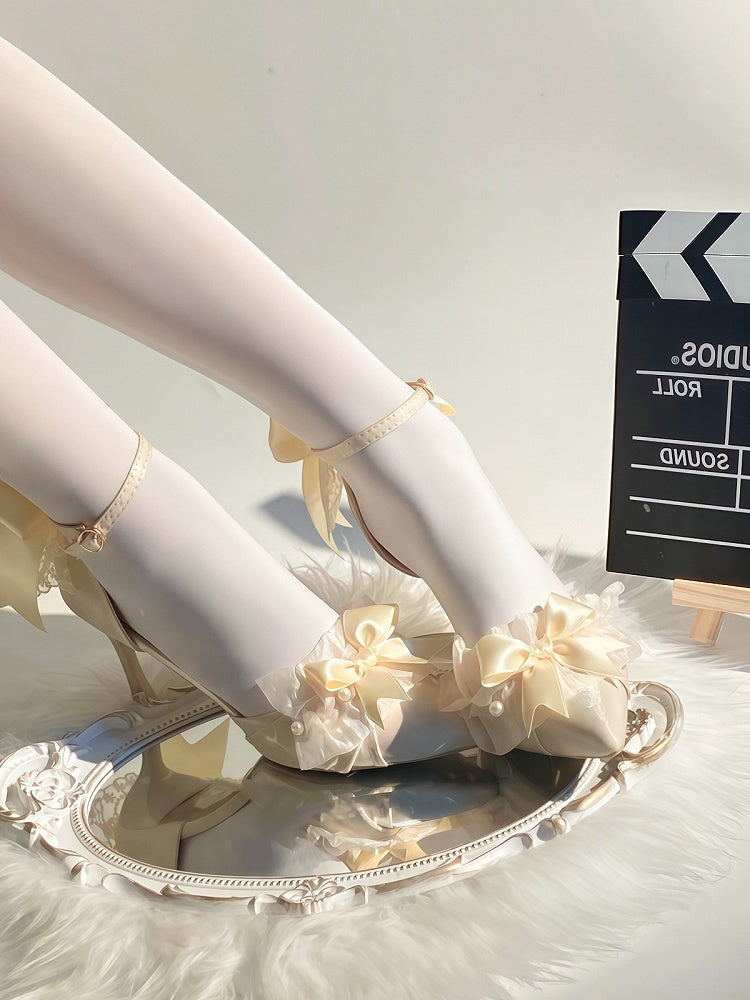 Beige Sweet Pointed Toe Heels with Bow Accents - A Sky Rabbit