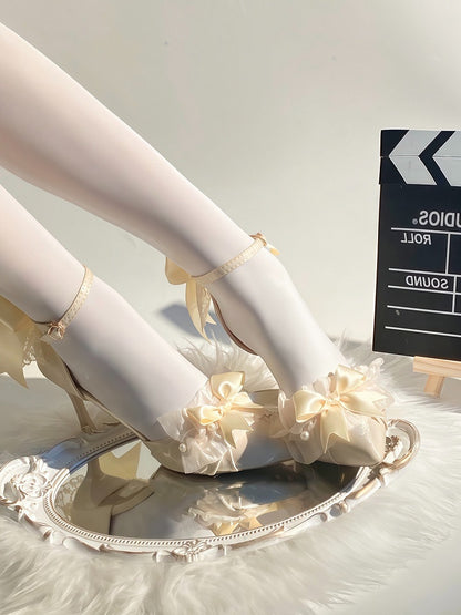 Beige Sweet Pointed Toe Heels with Bow Accents - A Sky Rabbit